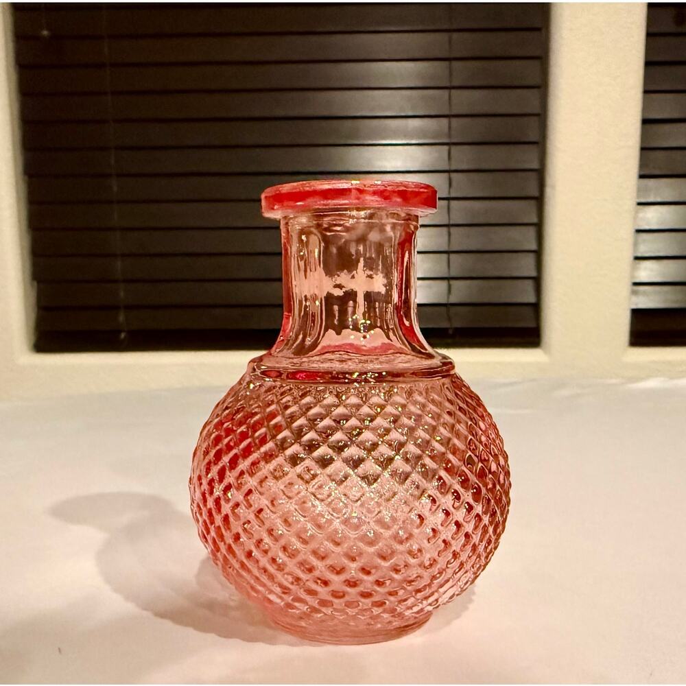 Vintage Pink Glass Bud Vase Diamond Point Hobnail Bulbous Decanter Bottle 4.5"